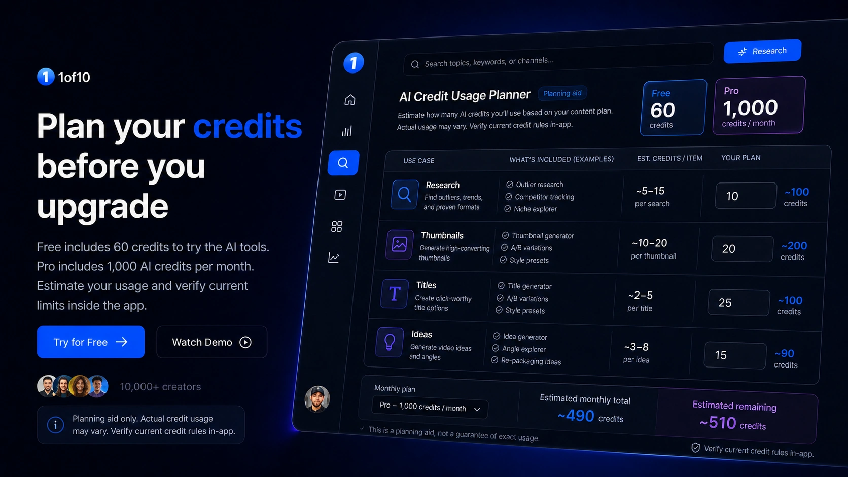 1of10: pricing decision map, showing Free, Basic, Pro, and Enterprise plan-fit checkpoints for YouTube creators