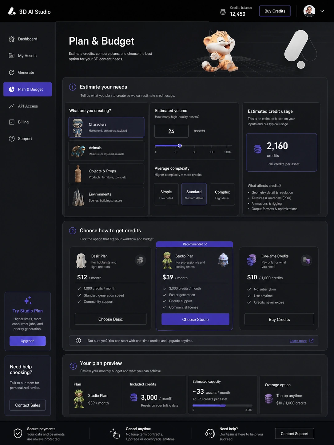 3D AI Studio: pricing decision map, showing how buyers should compare free credits, monthly plans, annual billing, and one-time credit packs