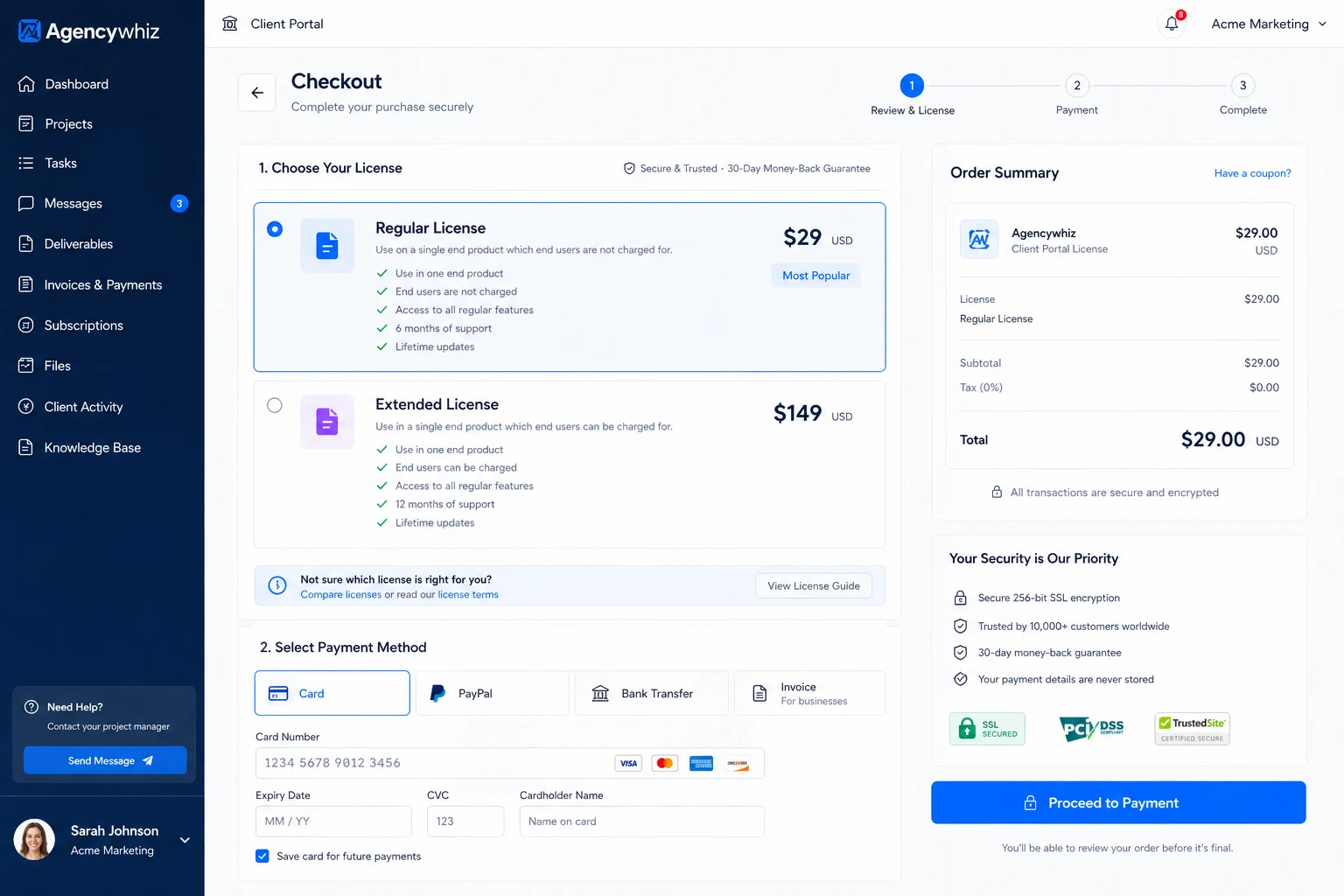 Agencywhiz: pricing decision map, showing license, hosting, payment fees, support, and refund checks before checkout