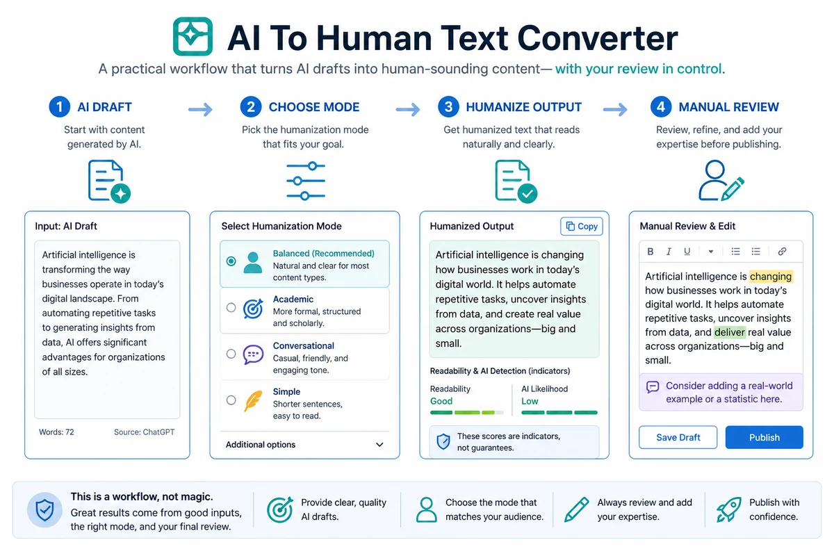 AI To Human Text Converter: workflow fit map, showing how buyers should move from AI draft to humanized revision and manual review