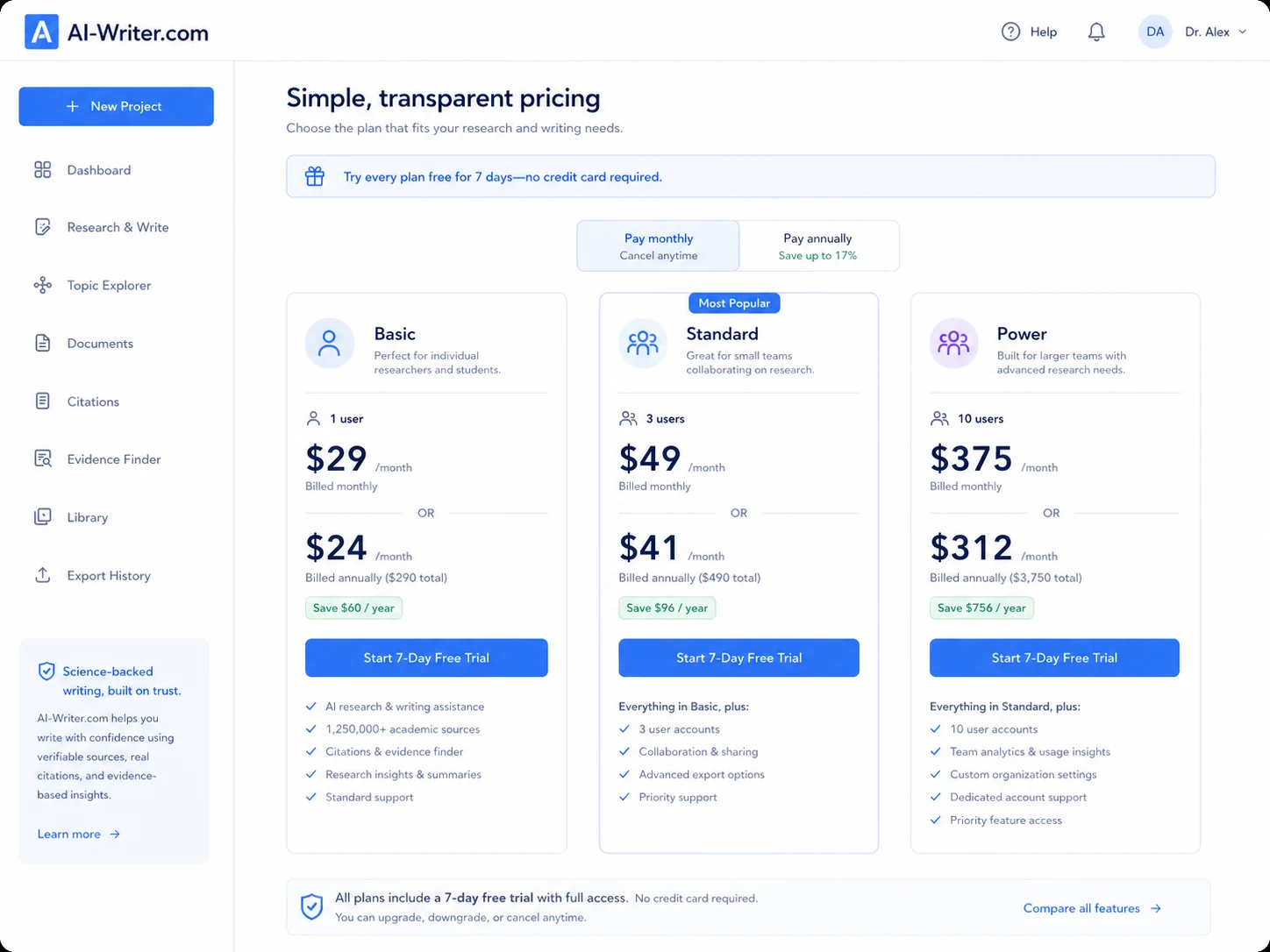 AI-Writer.com: pricing decision map, showing trial, monthly plan, annual billing, user count, and research volume checks