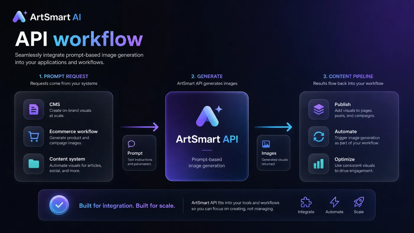 ArtSmart AI: workflow fit map, showing prompt generation, editing, review, and publishing checks for visual assets