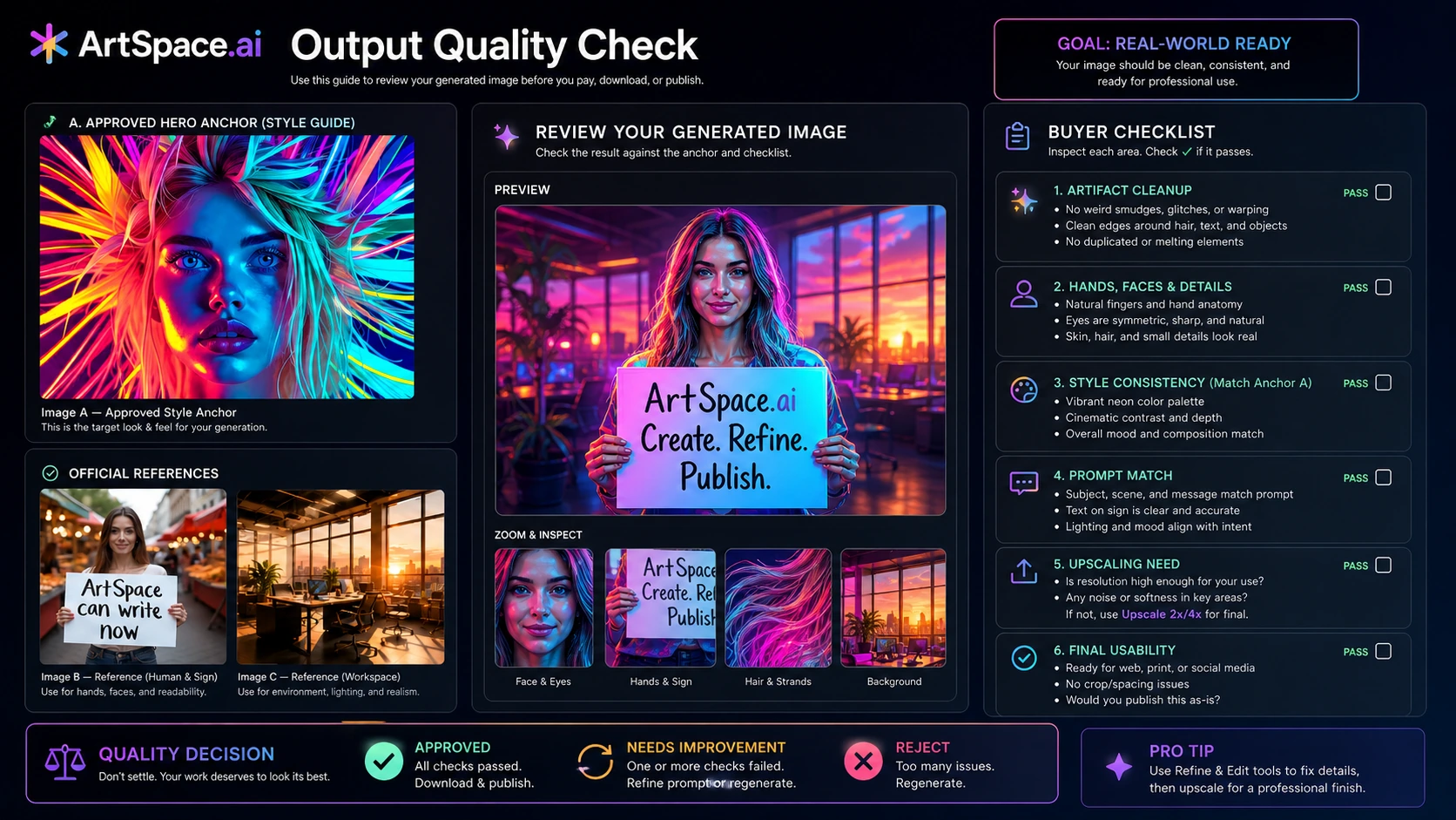 ArtSpace.ai: buyer checklist, showing pricing verification, prompt testing, editing review, refund conditions, and commercial-use checks before purchase