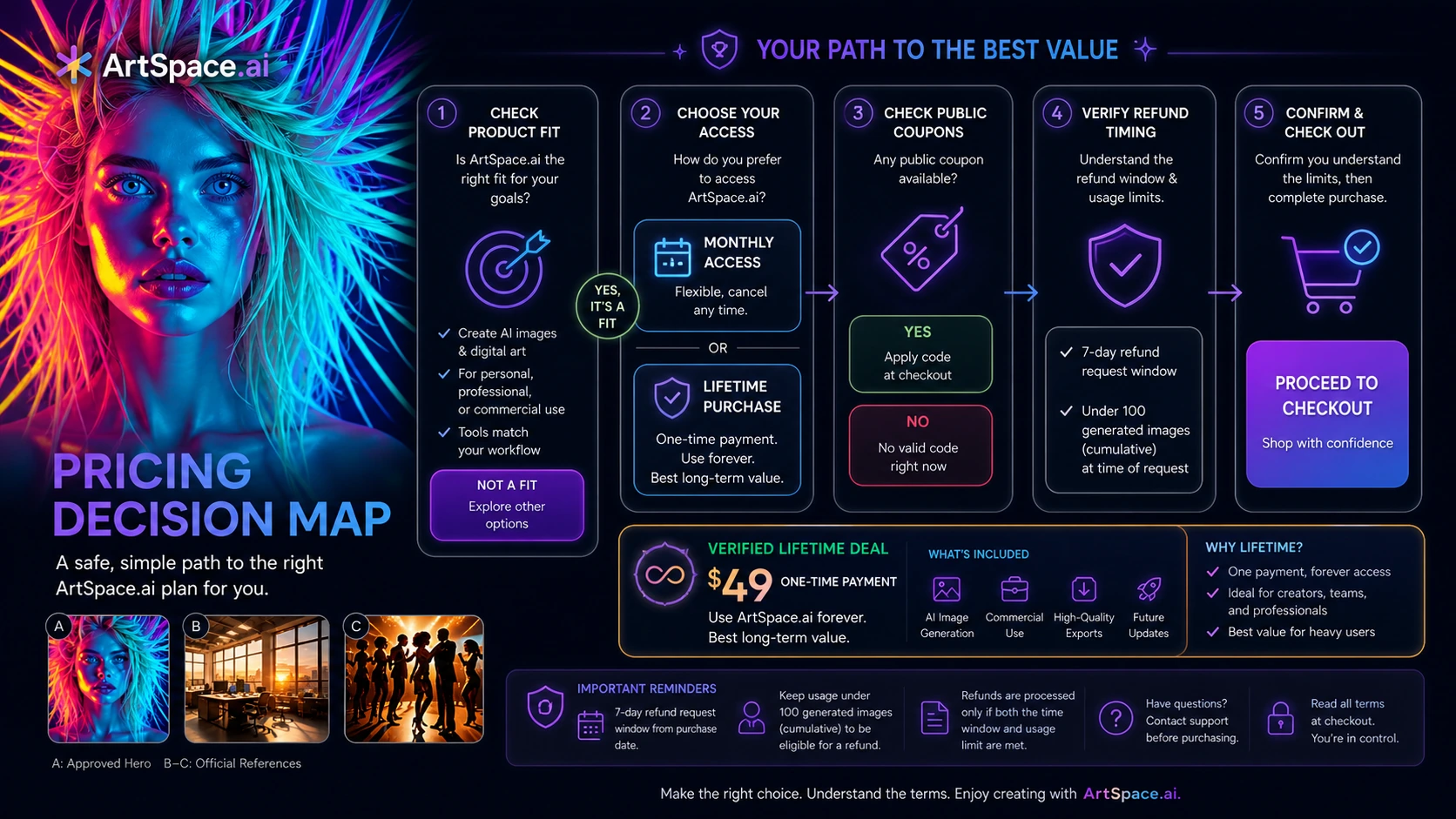ArtSpace.ai: final verdict card, showing when to test the AI image workspace, when to compare alternatives, and when to avoid lifetime access