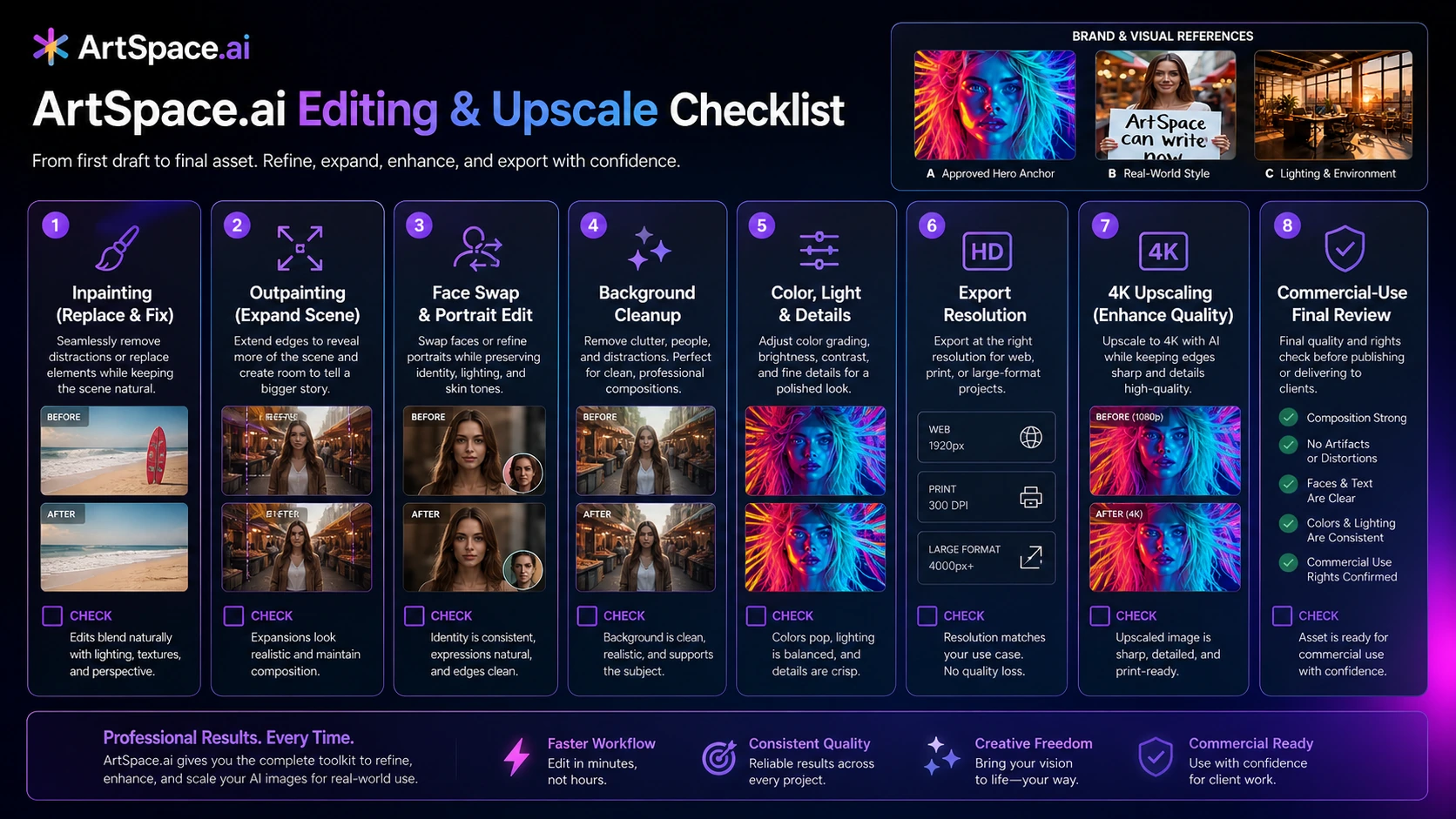 ArtSpace.ai: workflow fit map, showing prompt planning, image generation, editing, upscaling, and final human review before publishing