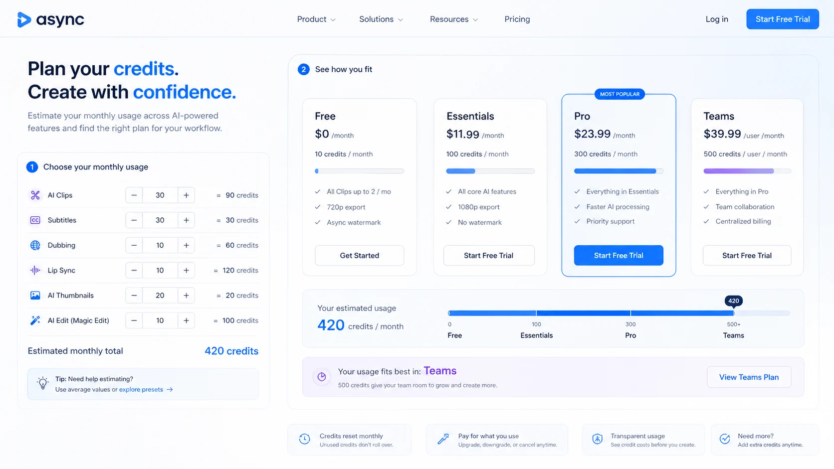 Async: buyer checklist, showing credit use, recording limits, annual billing, trial timing, team needs, and Voice API checks