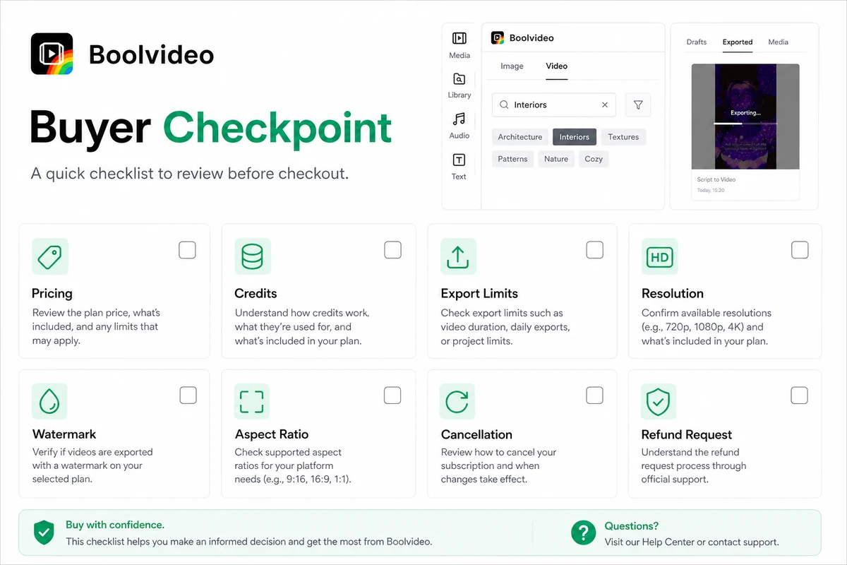 Boolvideo: buyer checklist, showing credit, export, brand asset, and checkout checks before paying