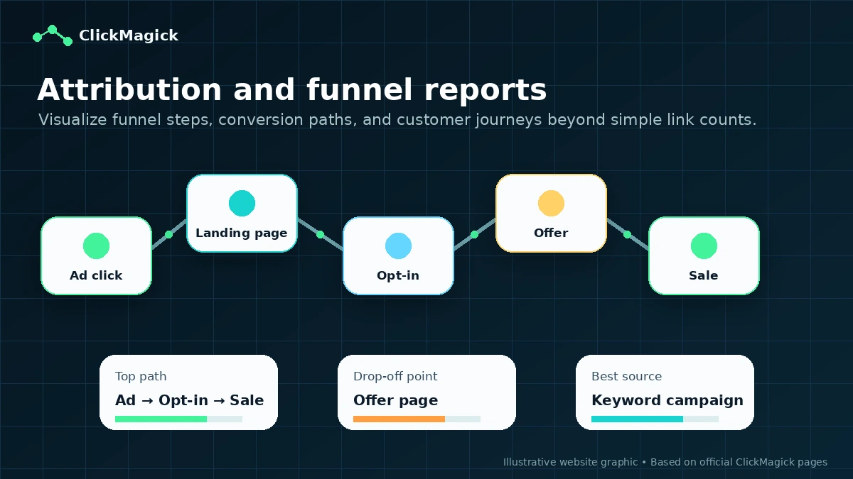 ClickMagick: workflow fit map, showing how marketers move from campaign setup to conversion testing, report review, and budget decisions