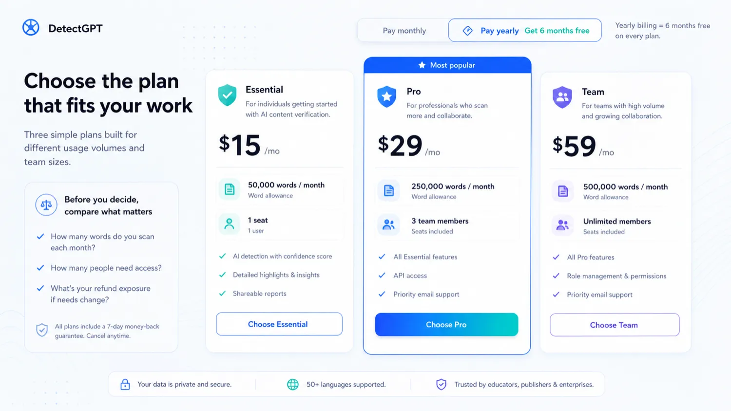 DetectGPT: pricing decision map, showing free testing, word limits, seat needs, and yearly billing risk
