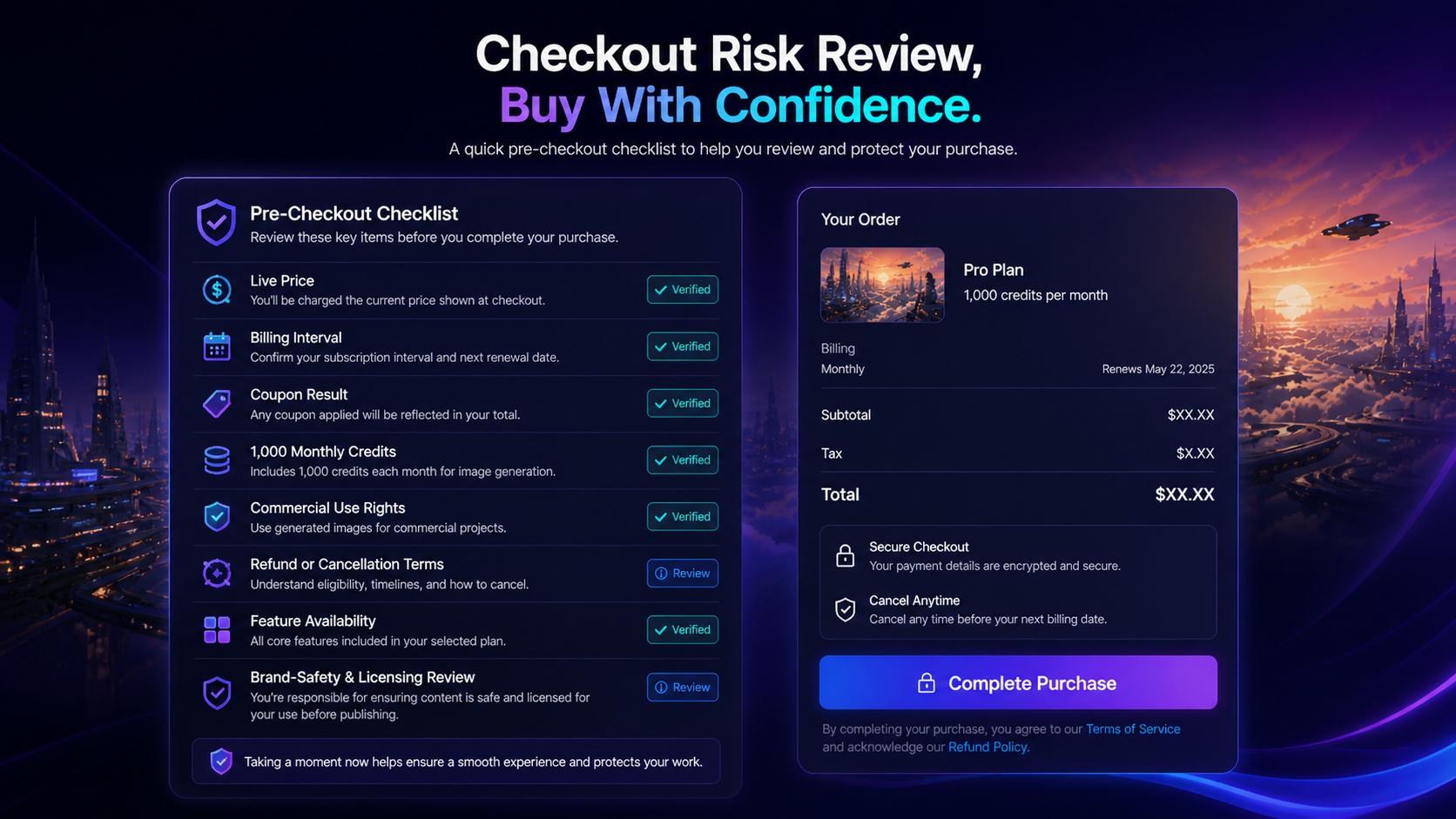 DrawThis: buyer checklist, showing annual billing, credit usage, commercial rights, feature availability, and refund checks before paying