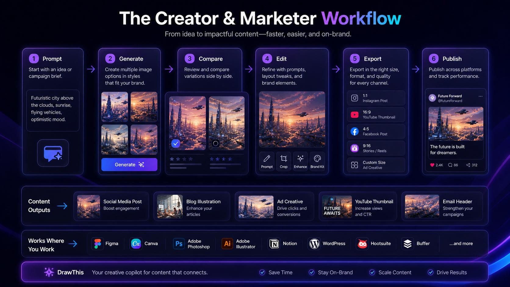 DrawThis: workflow fit map, showing how buyers move from prompt idea to image generation, refinement, and human creative review