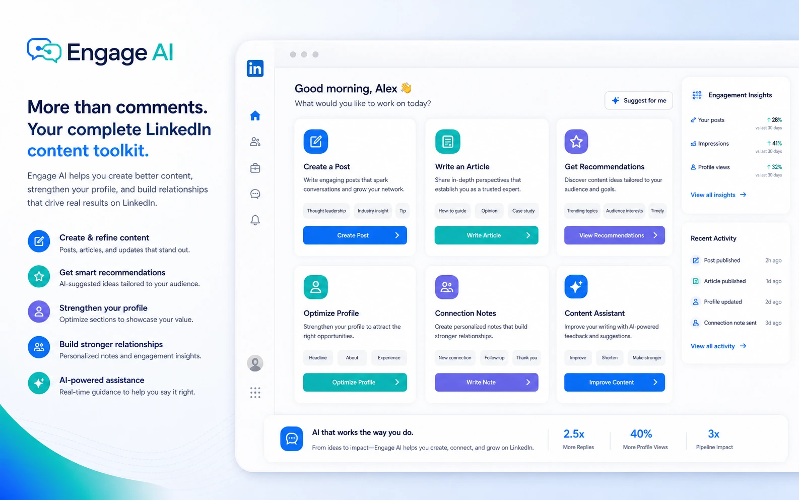 Engage AI: alternatives map, showing LinkedIn engagement, broad AI writing, social content growth, and all-in-one AI workspace routes