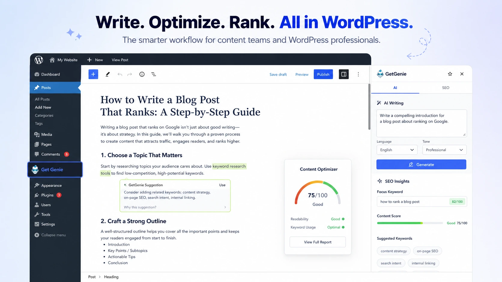 GetGenie: review snapshot, showing WordPress SEO workflow fit, pricing limits, and buyer decision points