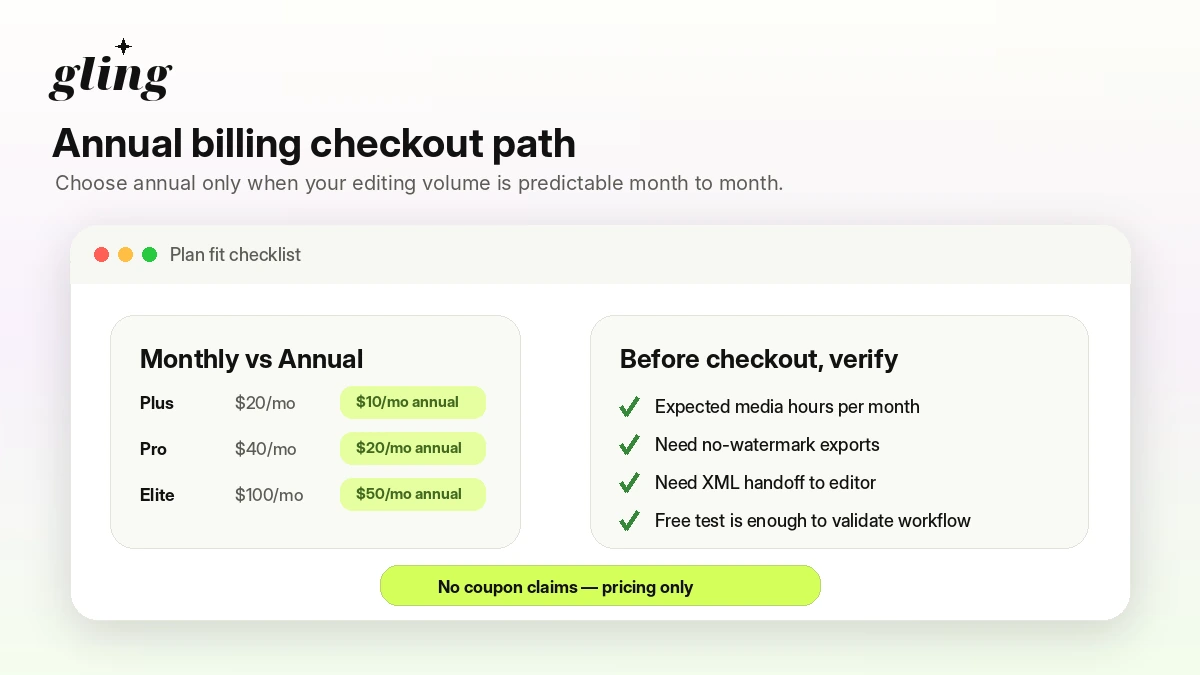 Gling: review snapshot, showing rough-cut editing fit, media-hour limits, and buyer checks for YouTube creators