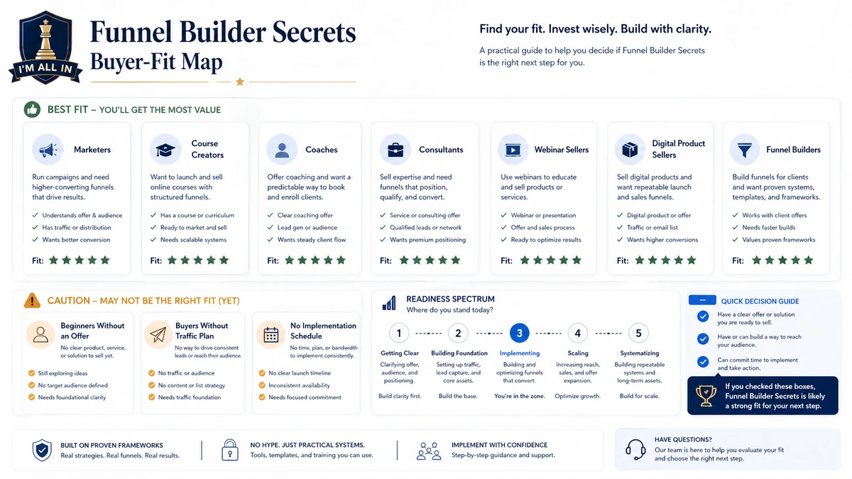 Funnel Builder Secrets: workflow fit map, showing offer readiness, ClickFunnels setup, training use, traffic plan, and funnel testing