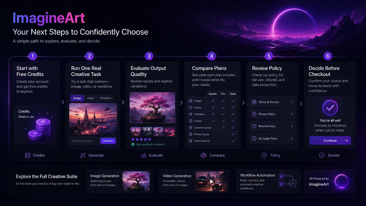 ImagineArt: buyer checklist, showing credit use, model access, video needs, refund limits, and alternative checks before paying
