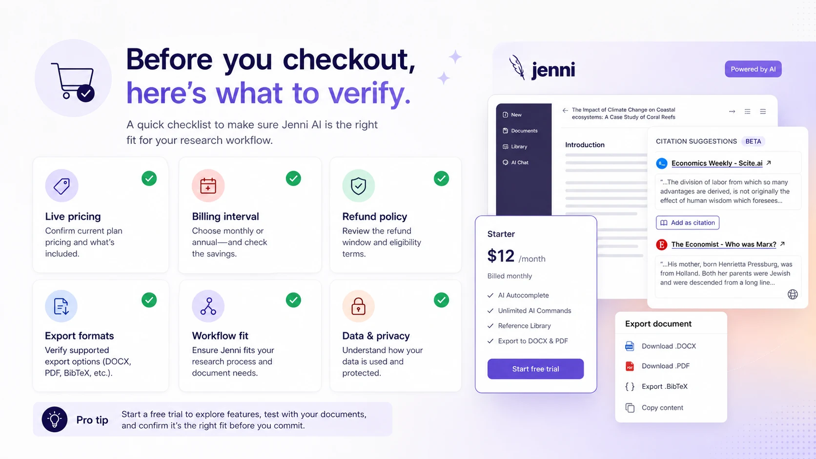 Jenni AI: buyer checklist, showing plan limits, citation accuracy, export formats, refund terms, and annual billing checks