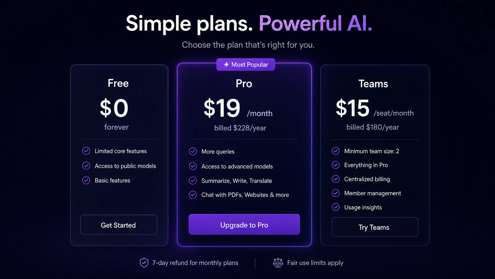 Merlin AI: pricing decision map, showing free testing, Pro usage checks, annual billing caution, and Teams verification