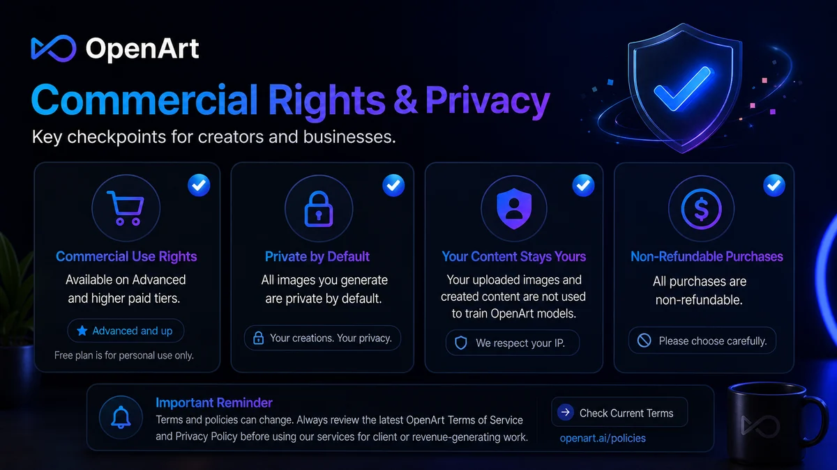 OpenArt: buyer checklist, showing credit behavior, commercial rights, billing interval, editing fit, and alternatives to verify before paying
