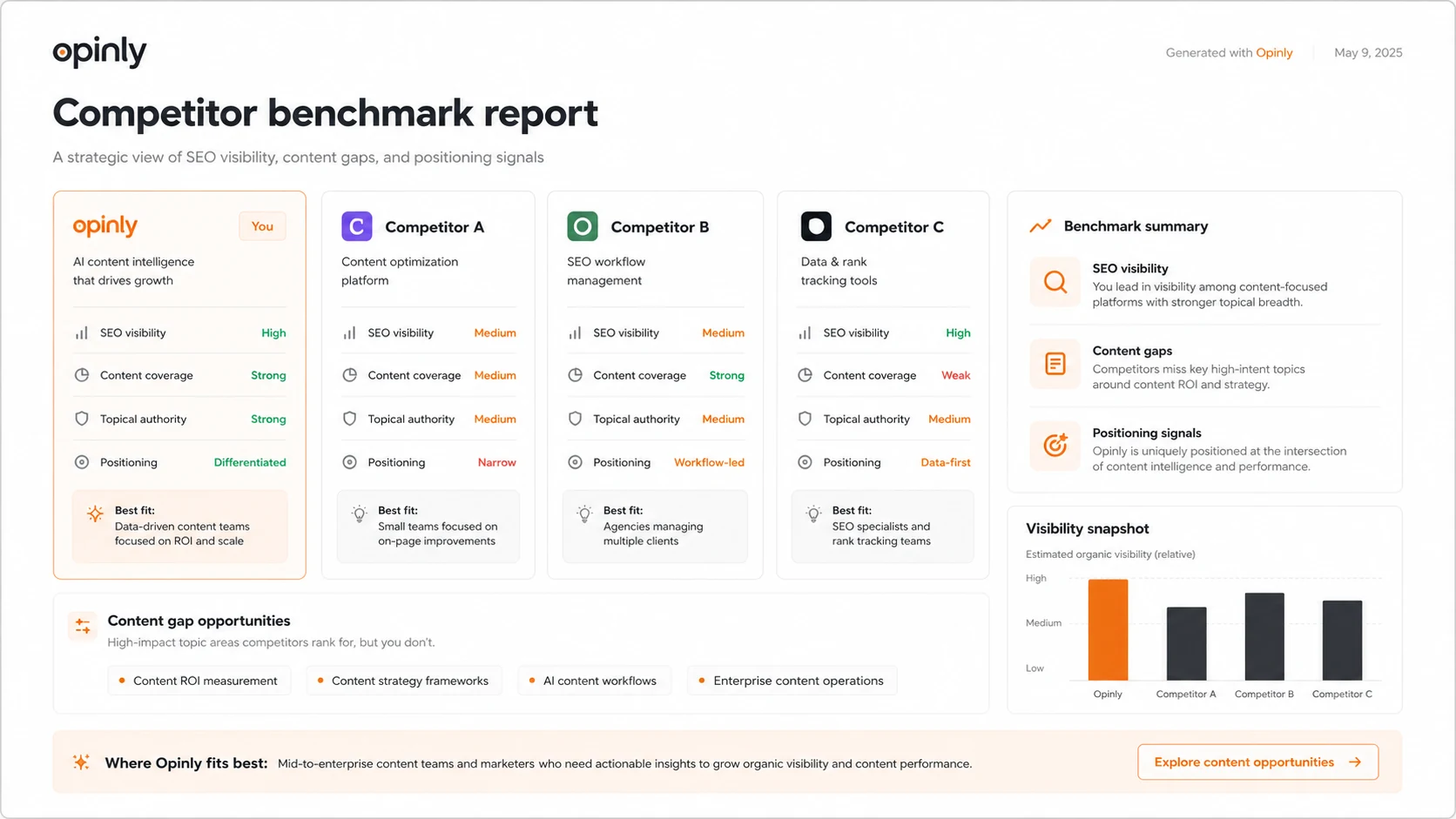 Opinly: alternatives map, showing when buyers should compare SEO suites, traffic intelligence tools, competitor monitors, enterprise CI platforms, or manual workflows