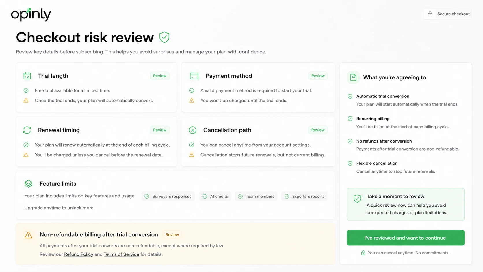 Opinly: buyer checklist, showing what to verify about trial conversion, cancellation, integrations, competitor limits, and SEO automation before subscribing
