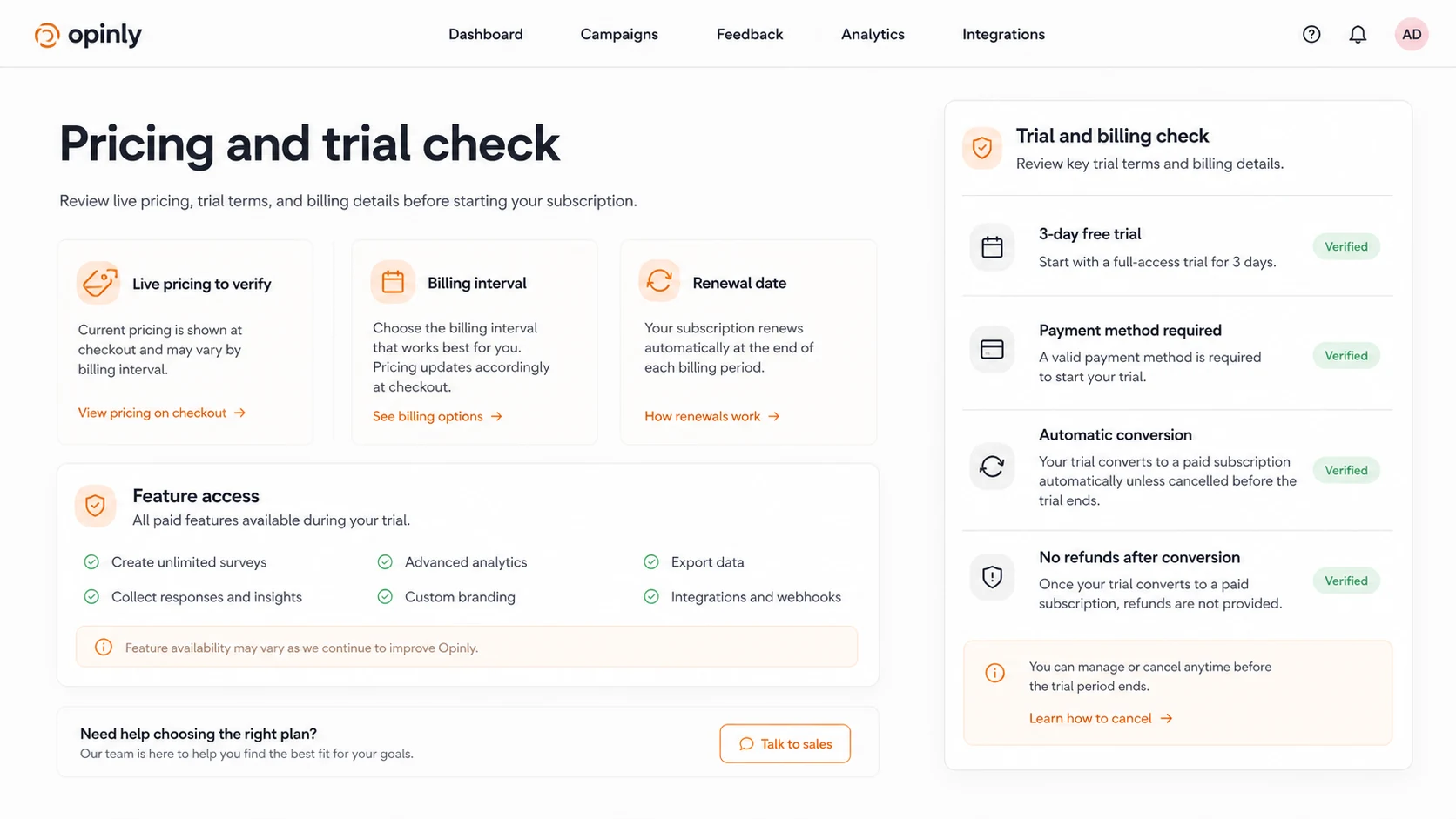 Opinly: pricing decision map, showing trial conversion, plan limits, credit usage, and cancellation checks before payment