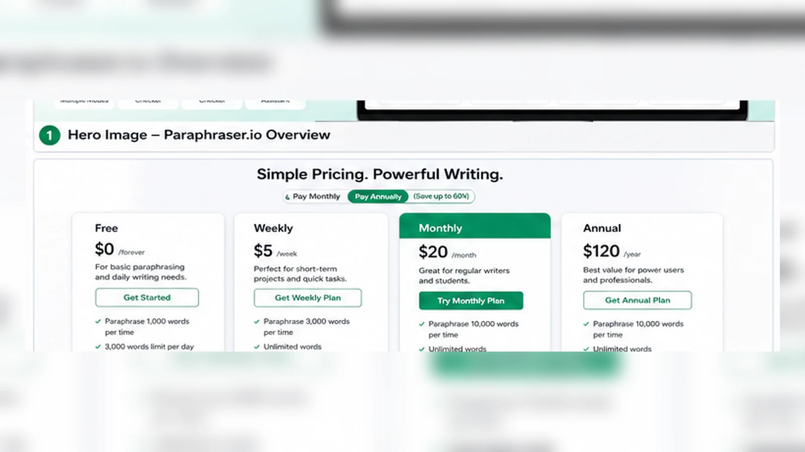 Paraphraser.io: pricing decision map, showing free testing, weekly access, monthly use, annual billing, and API checks