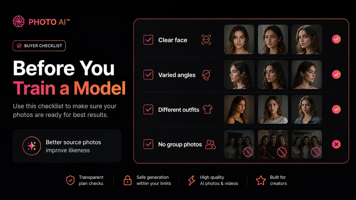 Photo AI: buyer checklist, showing source photo quality, credits, commercial rights, refund rules, video needs, and alternatives to verify before paying