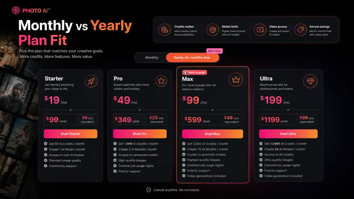 Photo AI: pricing decision map, showing how credits, models, commercial use, video access, and annual billing affect plan choice