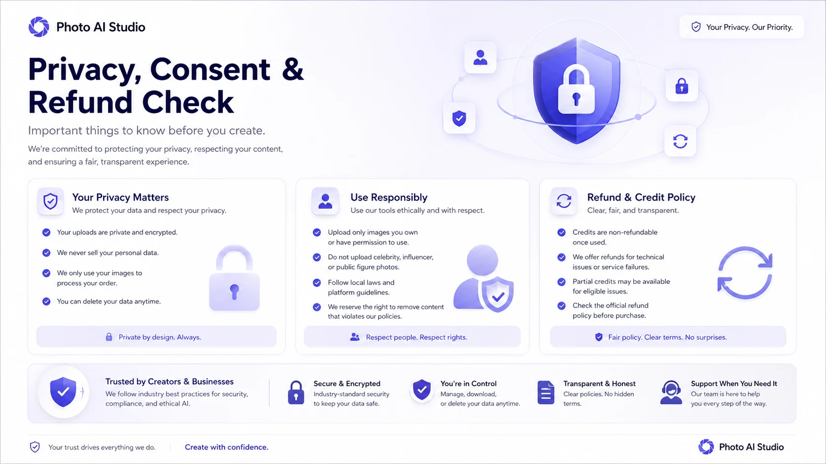 Photo AI Studio: buyer checklist, showing likeness, credit use, refund limits, upload rights, and commercial-use checks