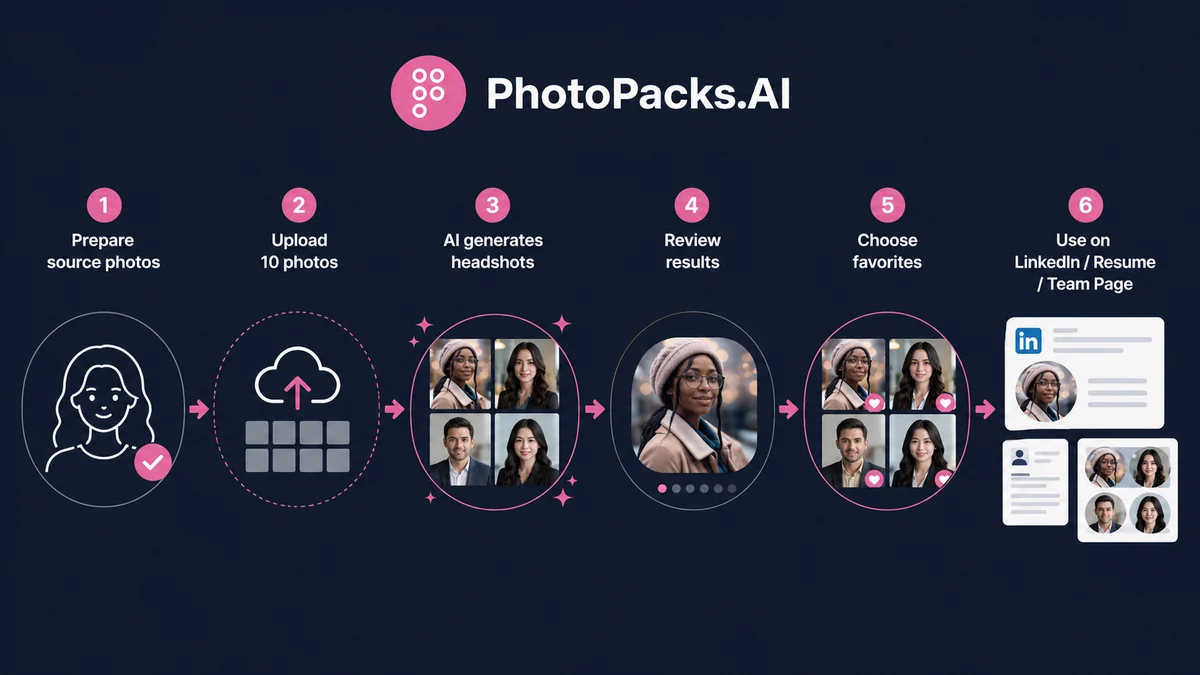 PhotoPacks.AI: workflow fit map, showing source-photo preparation, AI generation, human review, and profile-photo selection