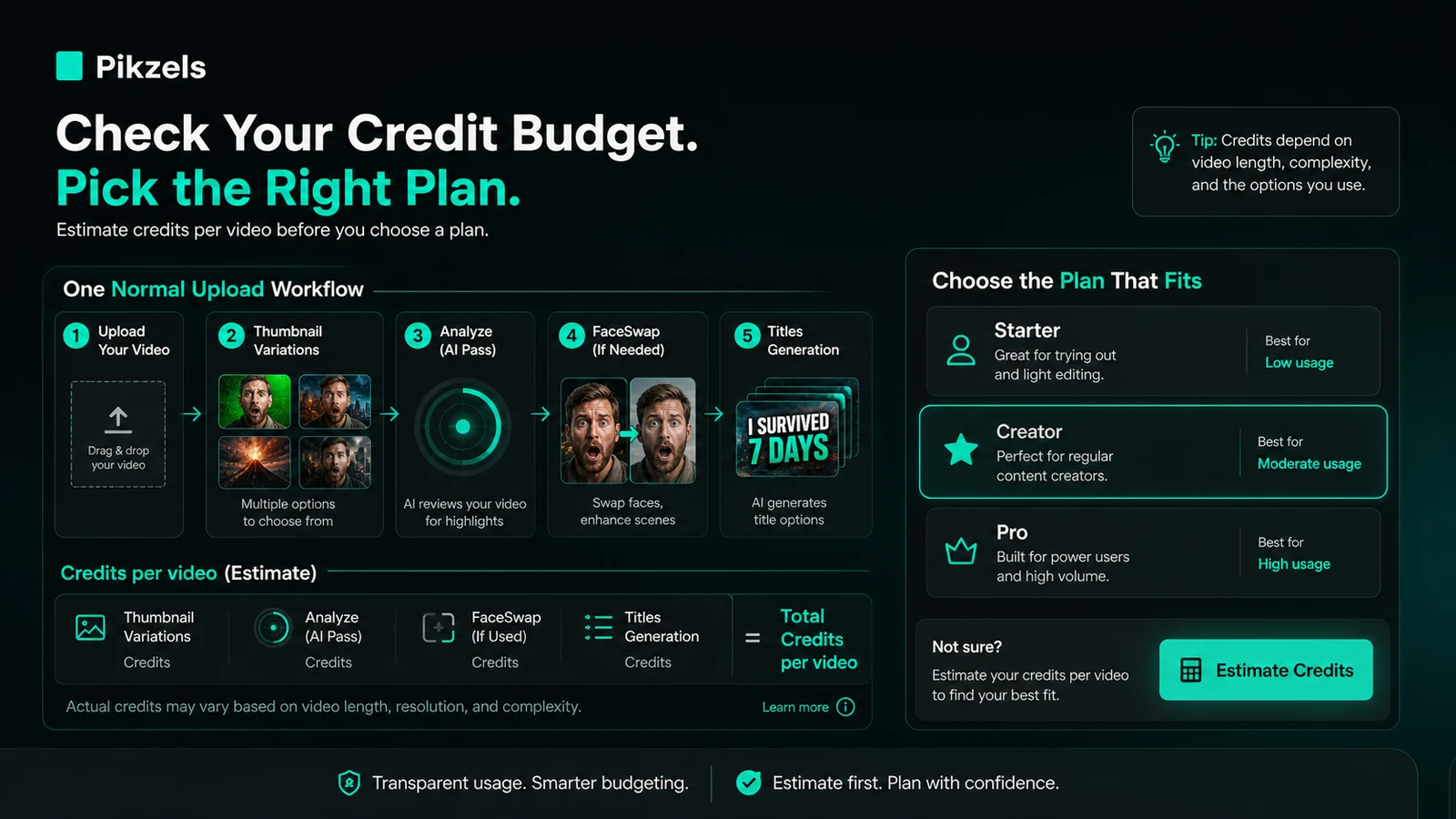 Pikzels: review snapshot, showing YouTube thumbnail workflow fit, credit pricing, and buyer risk points