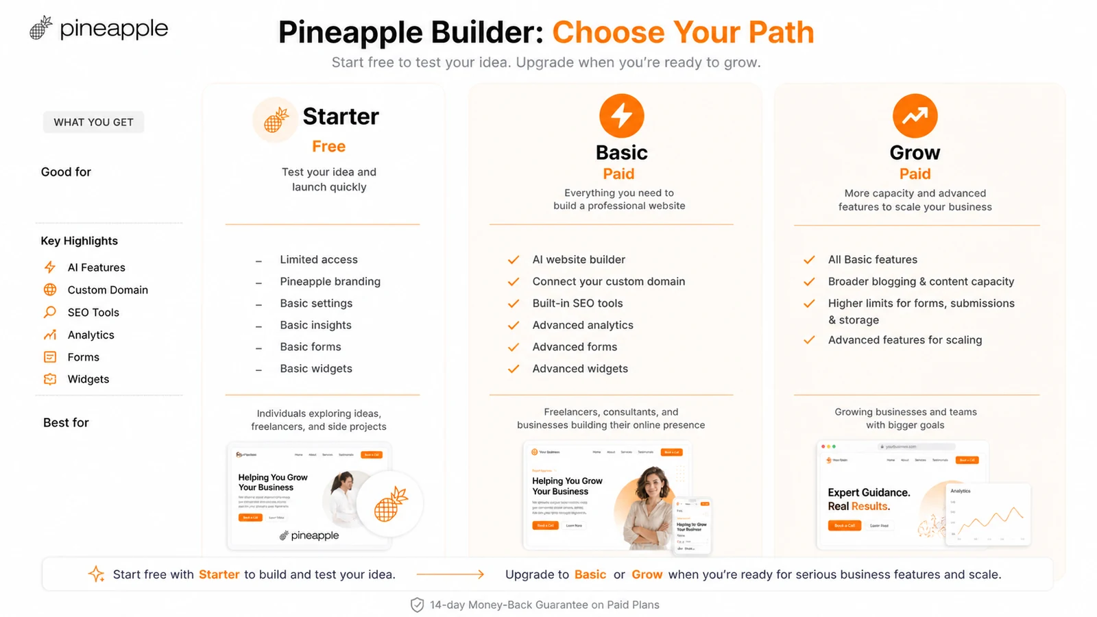 Pineapple Builder: alternatives map, showing when buyers should compare Wix, Squarespace, Webflow, WordPress, Durable, Mixo, Dorik, 1min.AI, and Aikeedo
