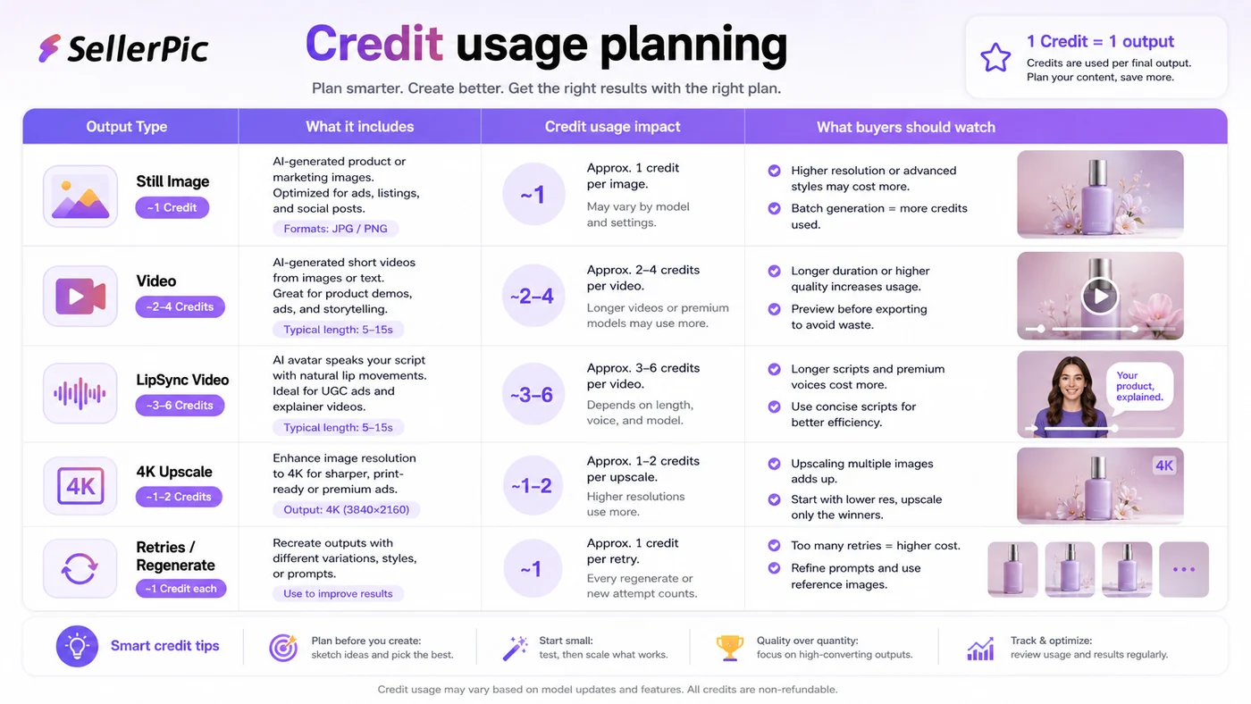 SellerPic: pricing decision visual showing free testing, monthly credits, video usage, annual billing, and refund risk