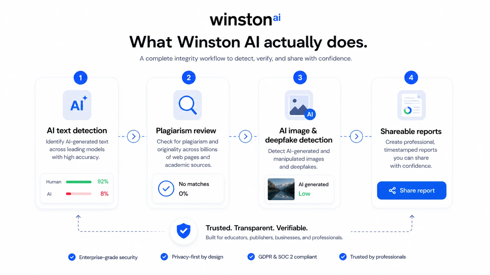 Winston AI: workflow fit map, showing trial testing, AI detection, plagiarism review, image checks, reports, and human judgment