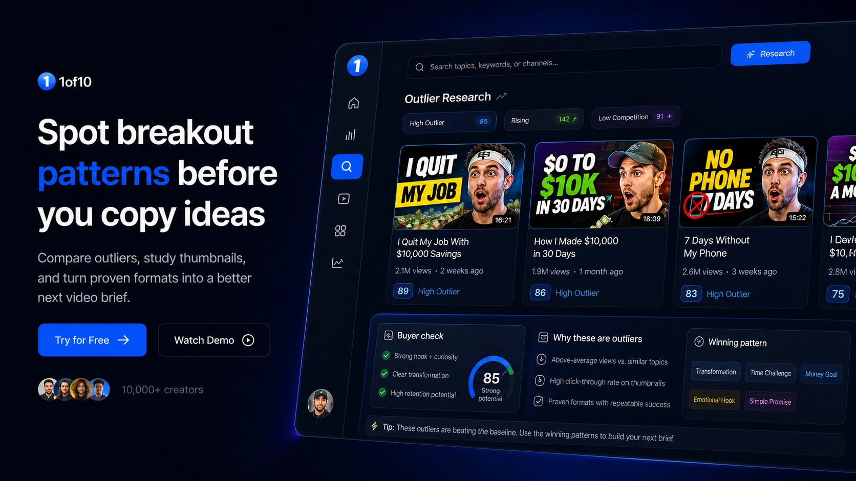 1of10: outlier search dashboard, showing how a creator studies videos that outperform a channel baseline
