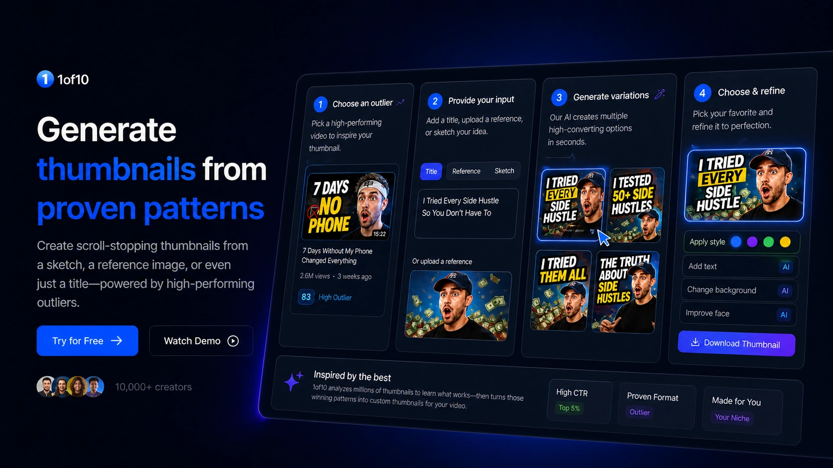 1of10: AI thumbnail generator workflow, showing how a creator turns a video idea into thumbnail options