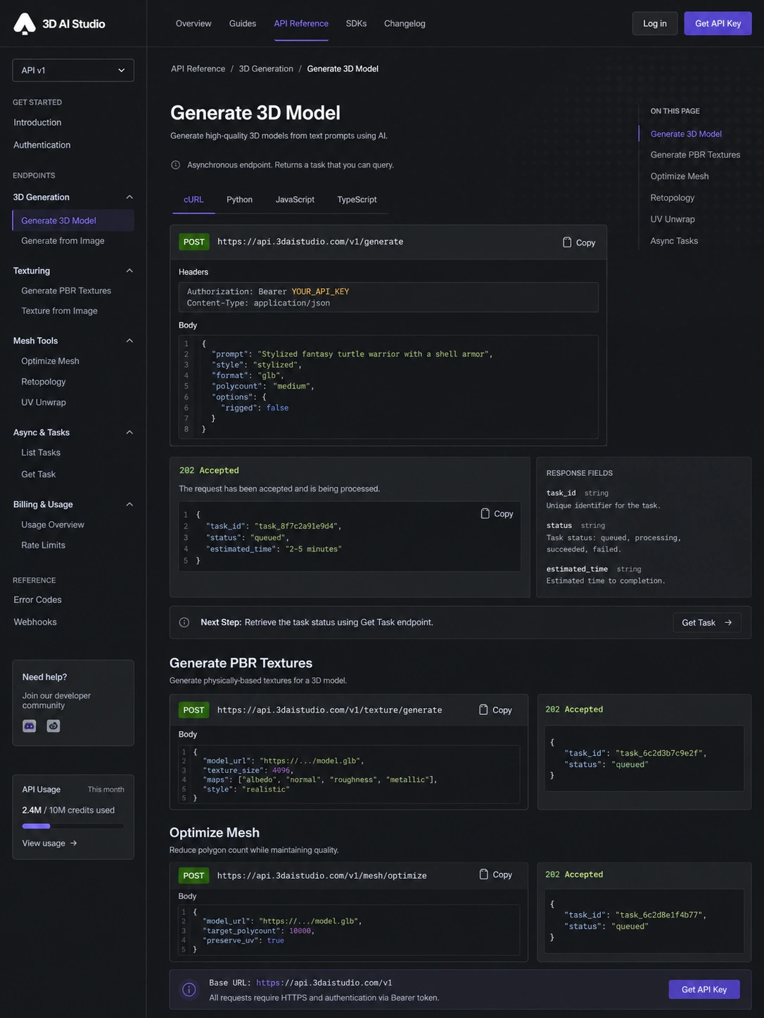 3D AI Studio: API documentation, showing REST endpoints for 3D generation, texturing, and mesh tools
