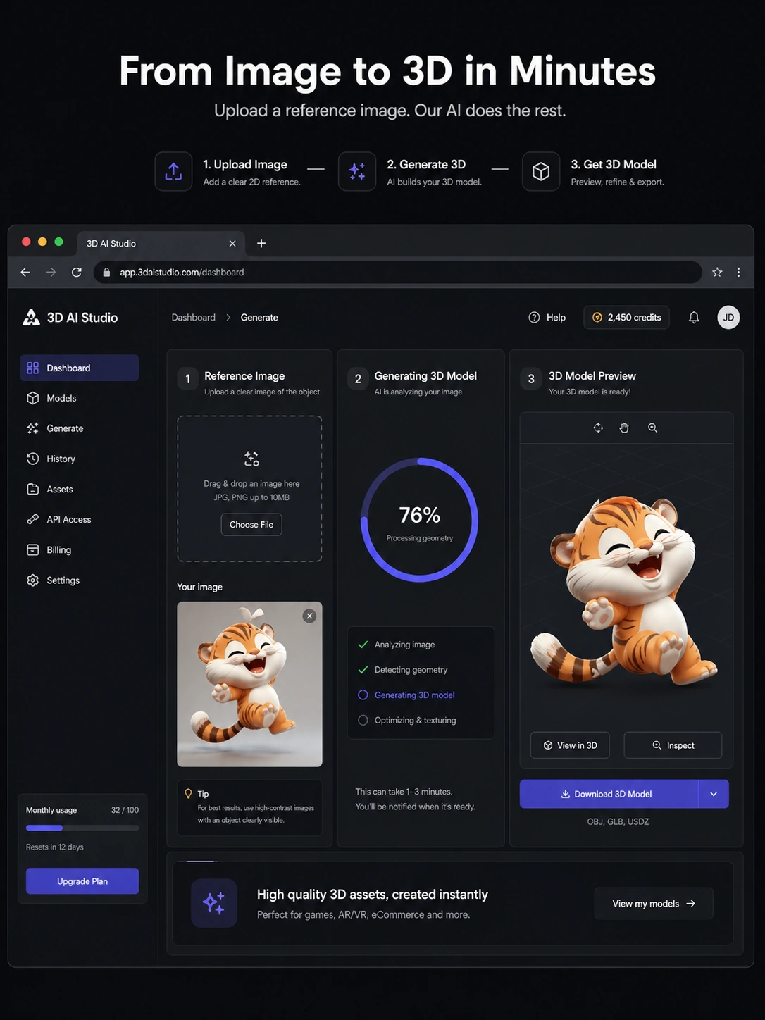 3D AI Studio: image-to-3D workflow, showing how a buyer converts a reference image into a 3D model