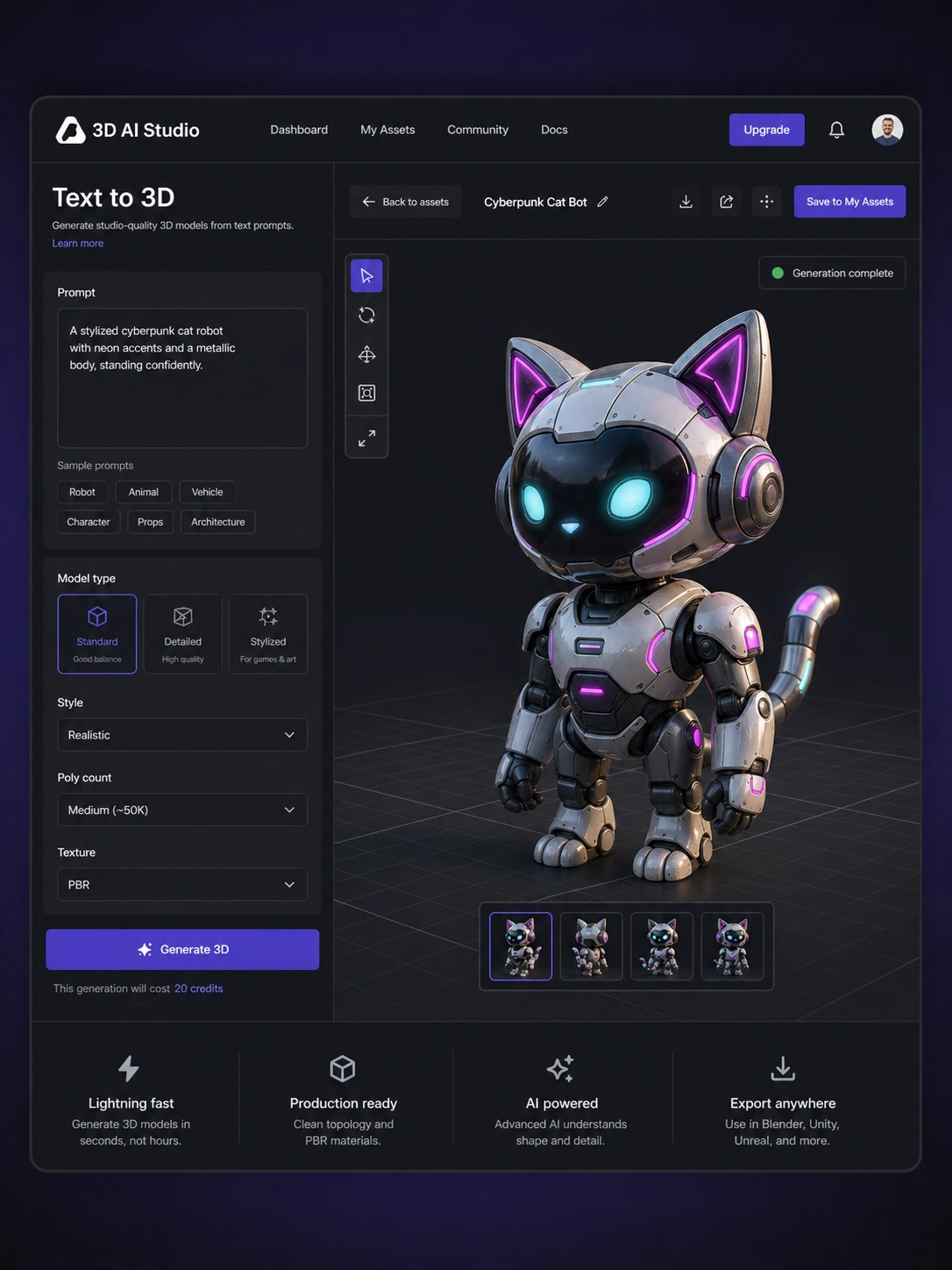 3D AI Studio: text-to-3D generator, showing how a buyer turns a prompt into a 3D asset draft