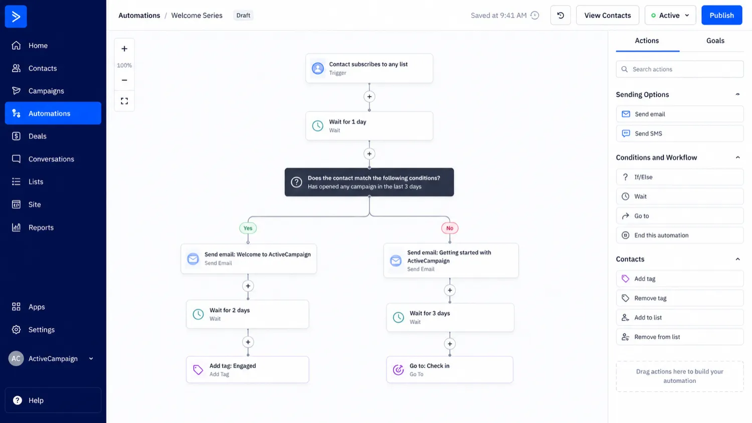ActiveCampaign: automation builder, showing how marketers create customer journeys with triggers and actions