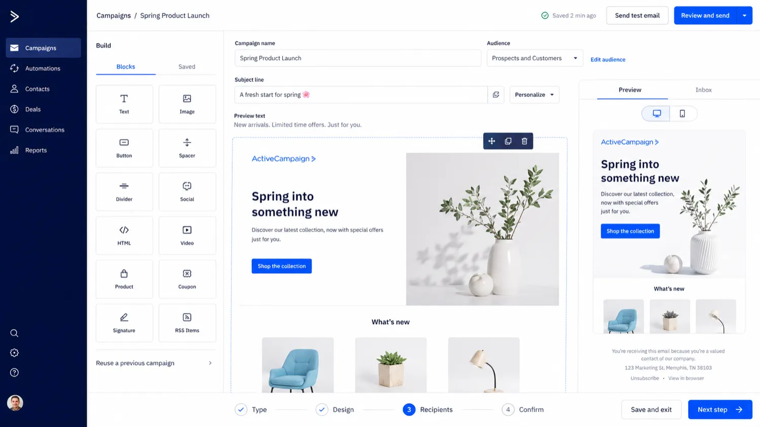 ActiveCampaign: email campaign builder, showing how marketers create and personalize campaign messages