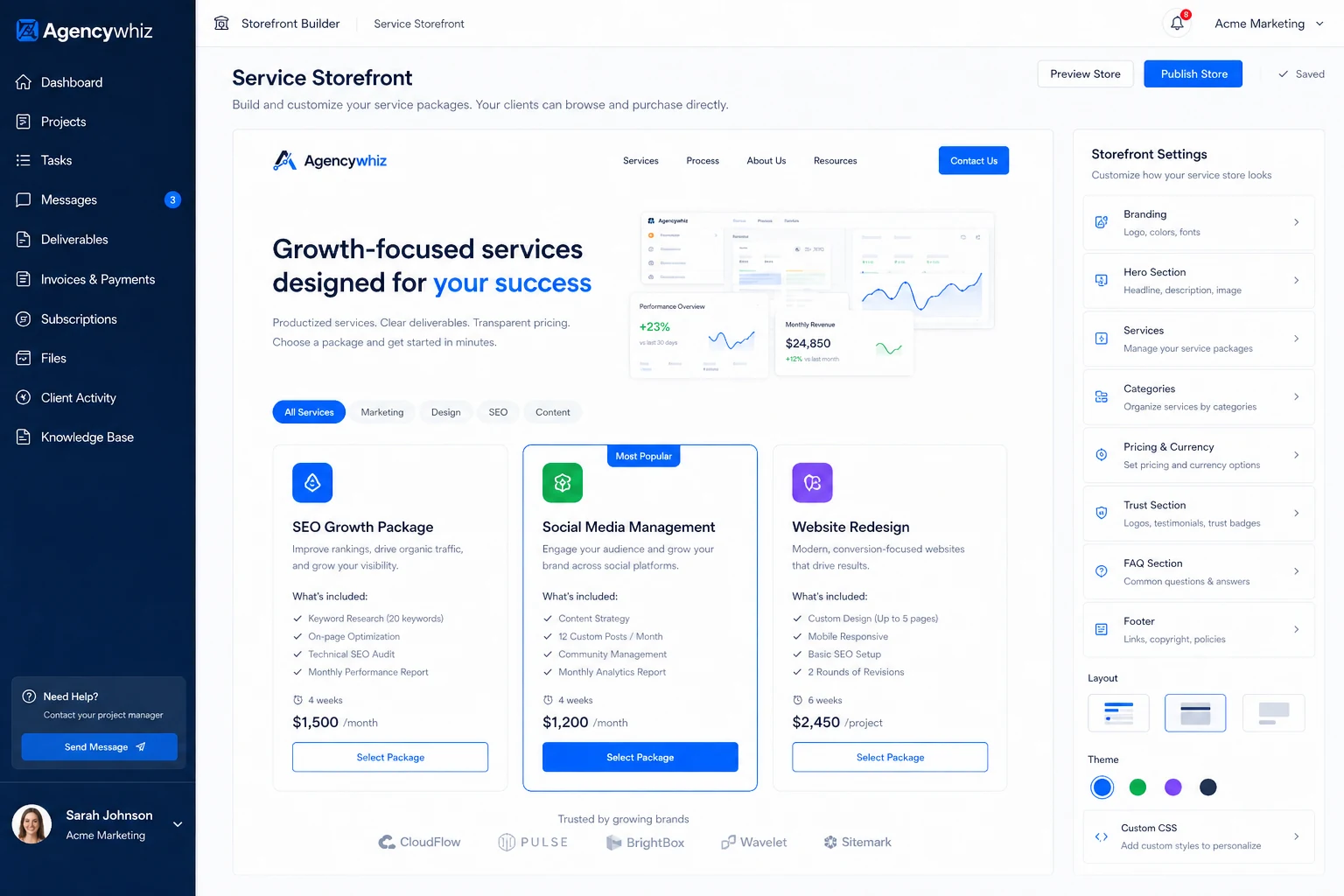 Agencywhiz: service storefront builder, showing how an agency might package and present productized offers