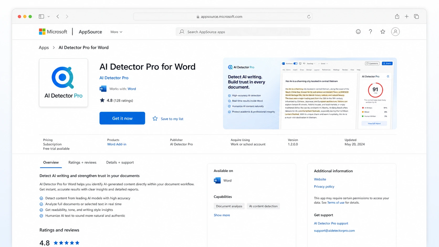 AI Detector Pro: Microsoft Marketplace listing, showing the add-in channel and marketplace trust signal