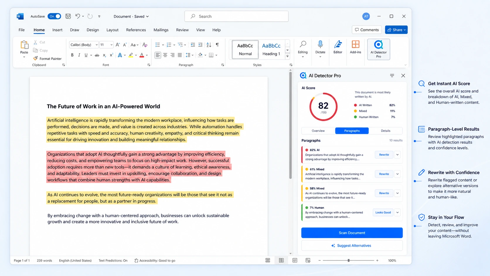 AI Detector Pro: Word add-in task pane, showing document scanning and paragraph-level AI signals