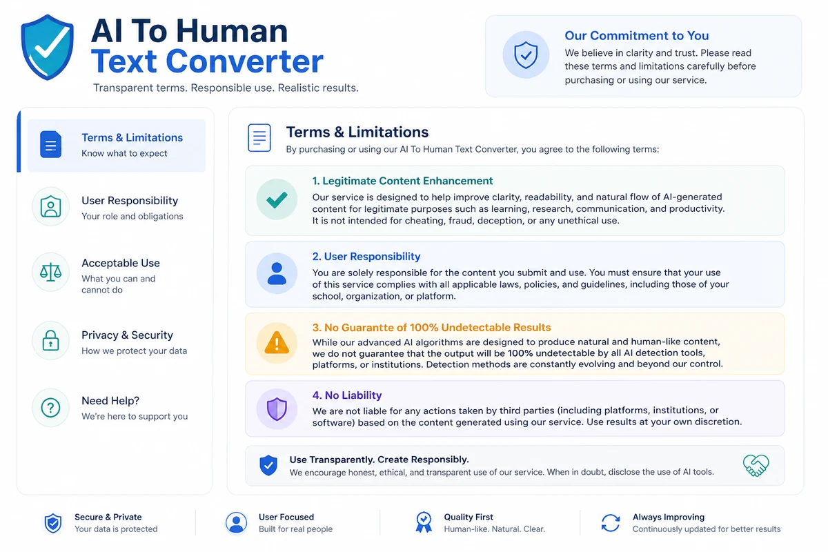 AI To Human Text Converter: terms limitations, showing why detector guarantees and usage rules need review