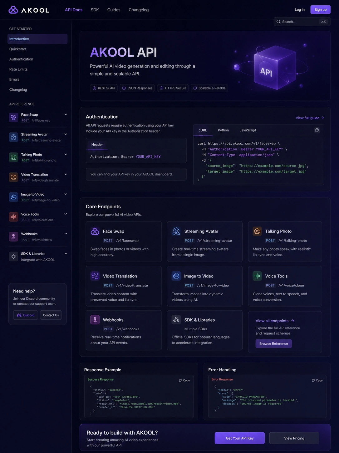 AKOOL: API documentation overview, showing developer access for face swap, video translation, and streaming avatar workflows
