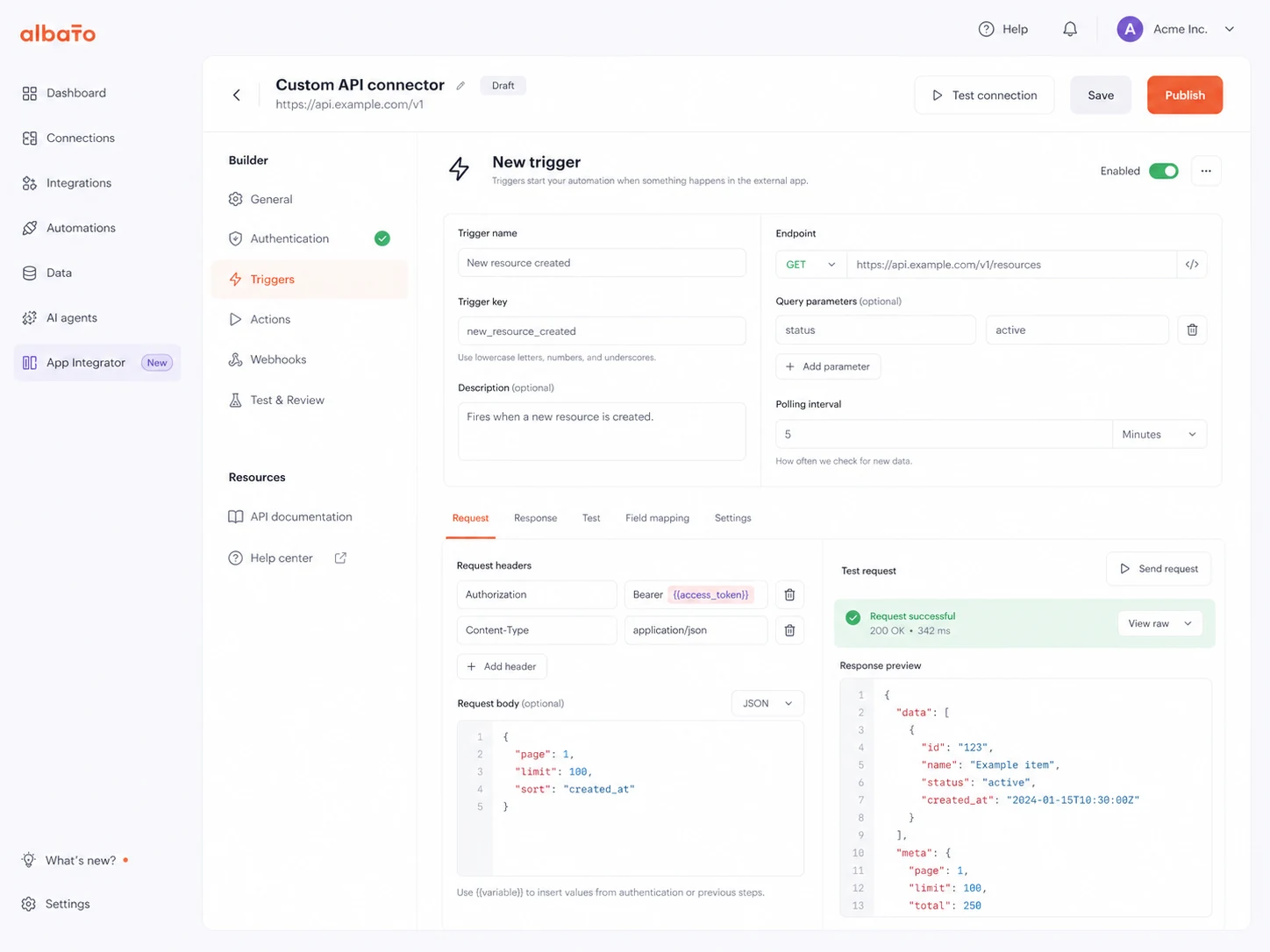 Albato: App Integrator, showing how a buyer can create custom API-based connectors