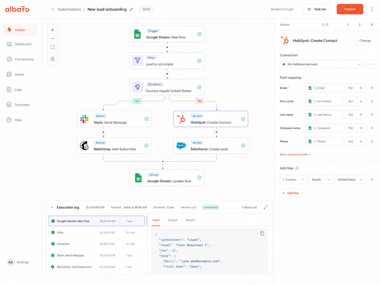 Albato: automation builder, showing how a buyer connects triggers, actions, and workflow steps without code