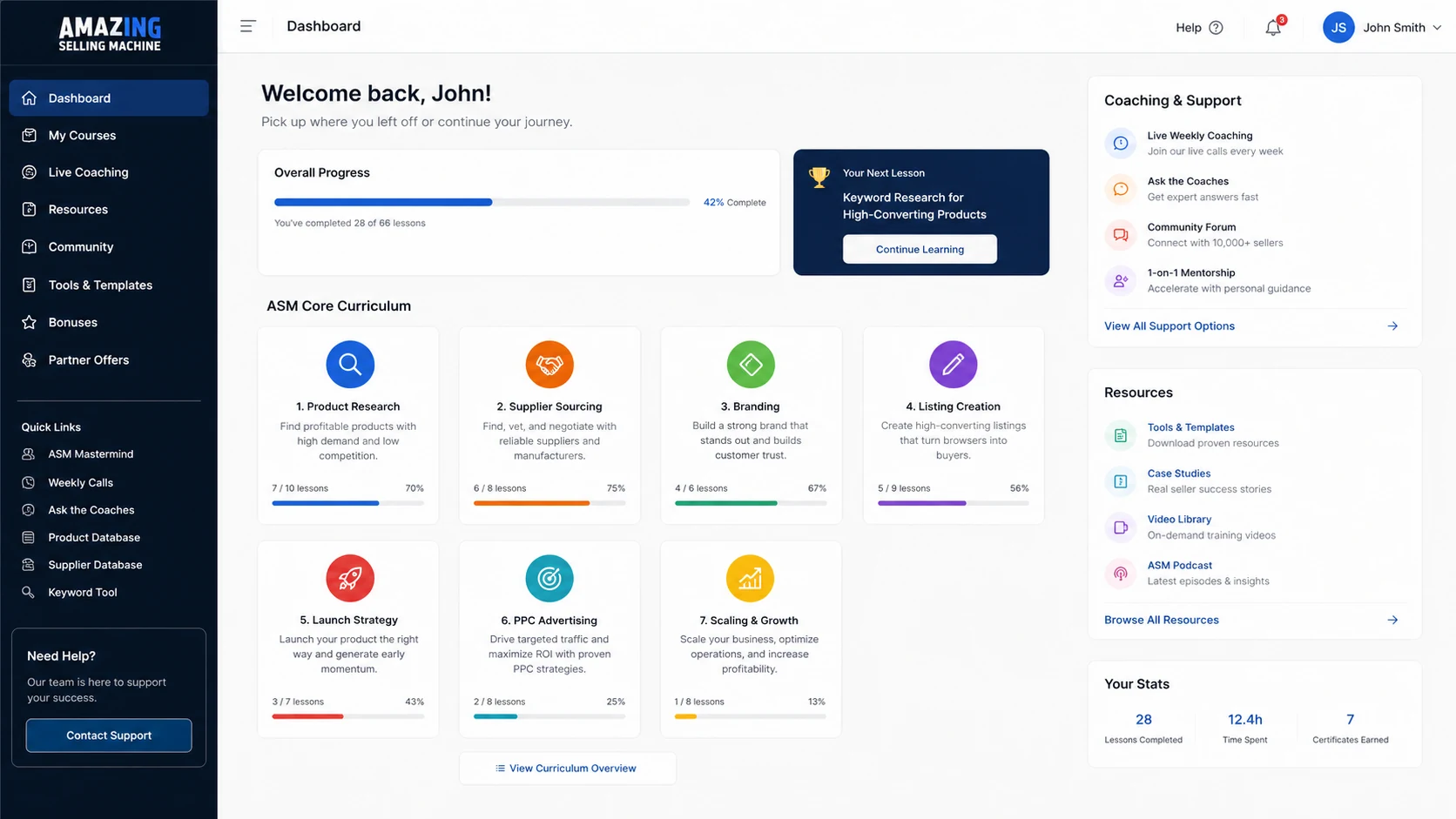 Amazing Selling Machine: training modules, showing the Amazon FBA steps a buyer would need to follow